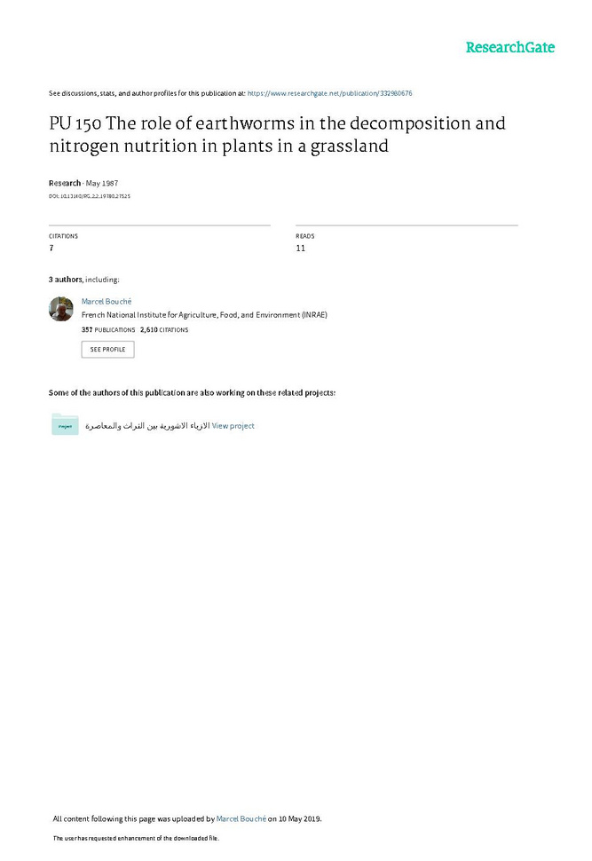 Marcel BOUCHE - PU 150 The role of earthworms in the decomposition and nitrogen nutrition in plants in a grassland.pdf